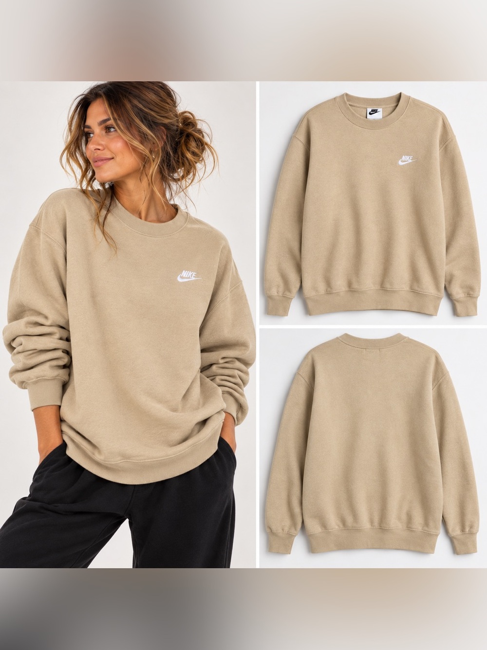 Nike Club Fleece Crewneck Parachute Beige White Sweatshirt M
